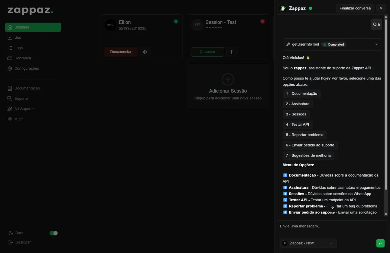 Chat de suporte com IA da Zappaz respondendo em tempo real