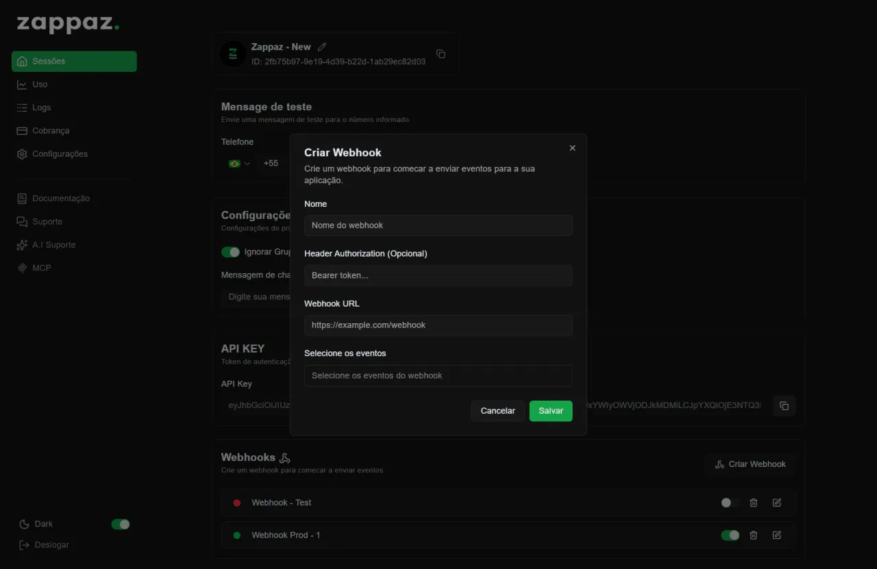 Modal de criação de webhook com seleção de eventos