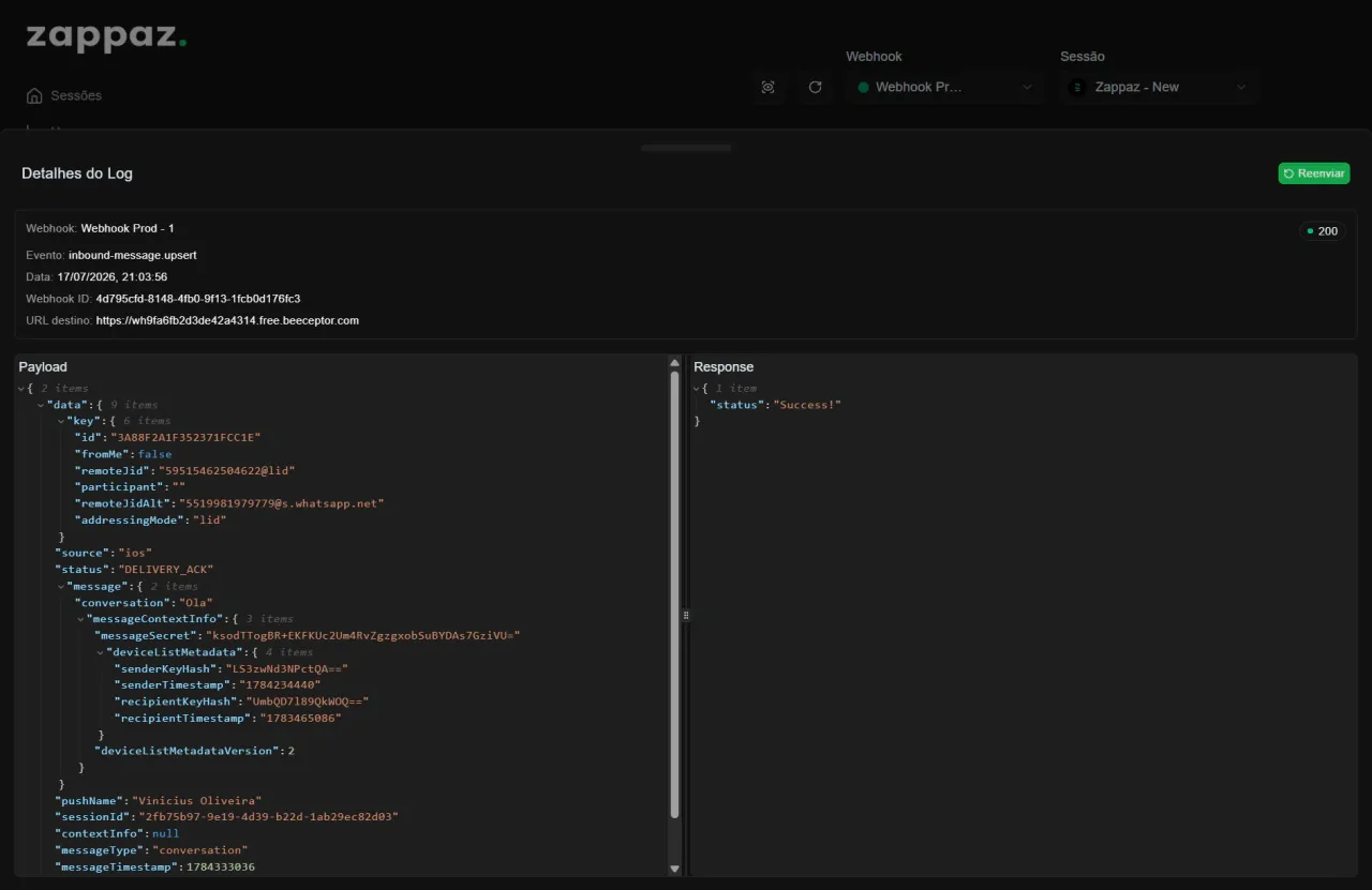 Detalhe de log com payload, response e botão reenviar