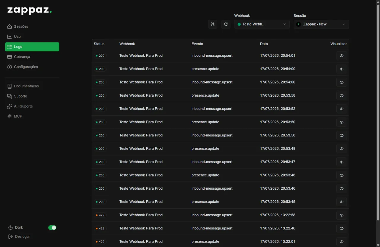 Tabela de logs de webhooks com status e eventos