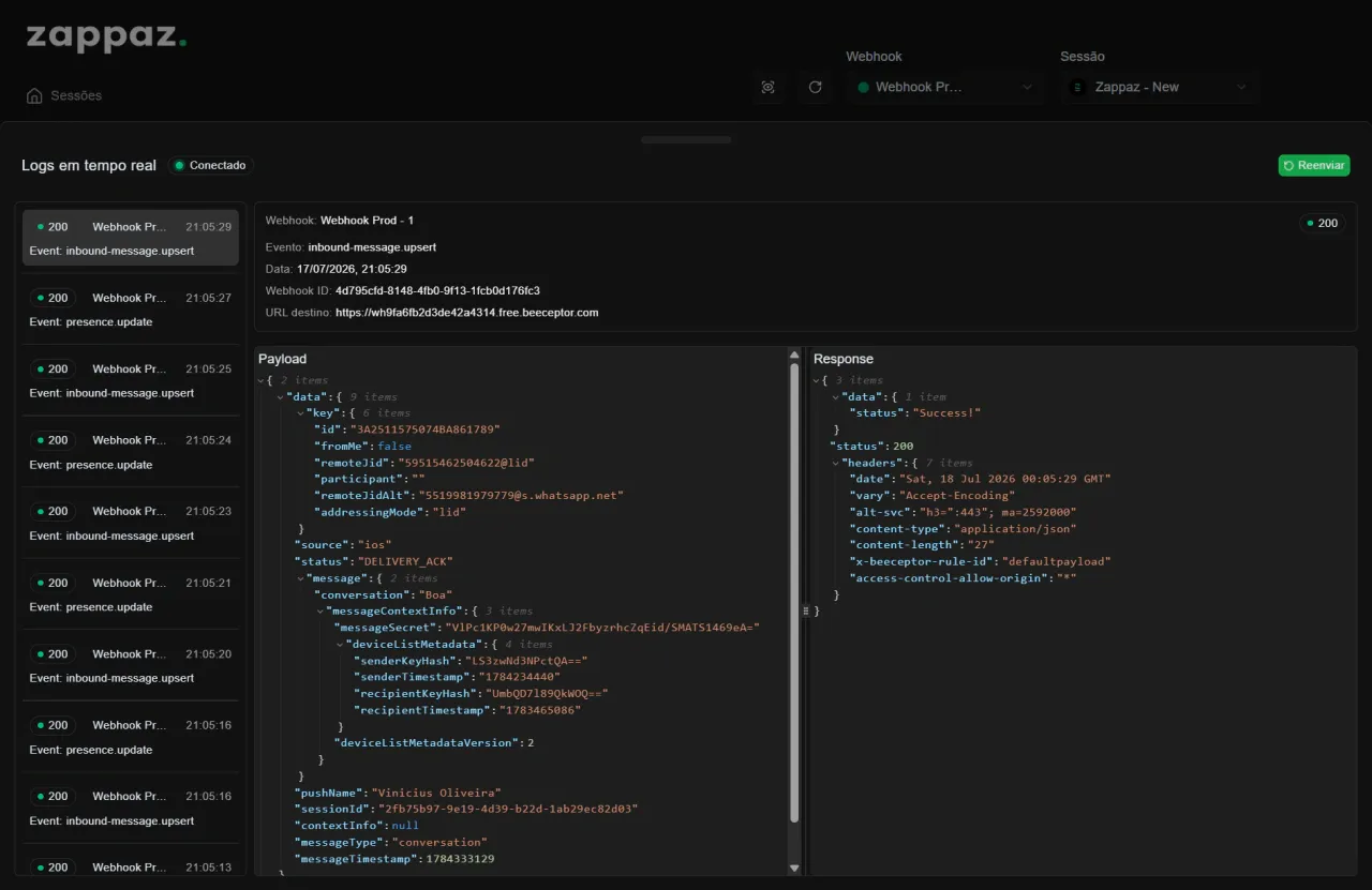 Painel de logs em tempo real da Zappaz