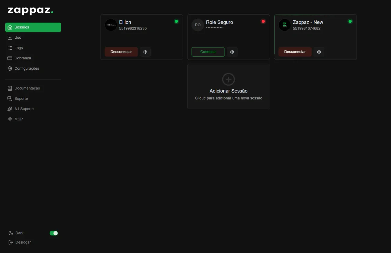 Sessão da Zappaz com envio de mensagem de teste e configurações
